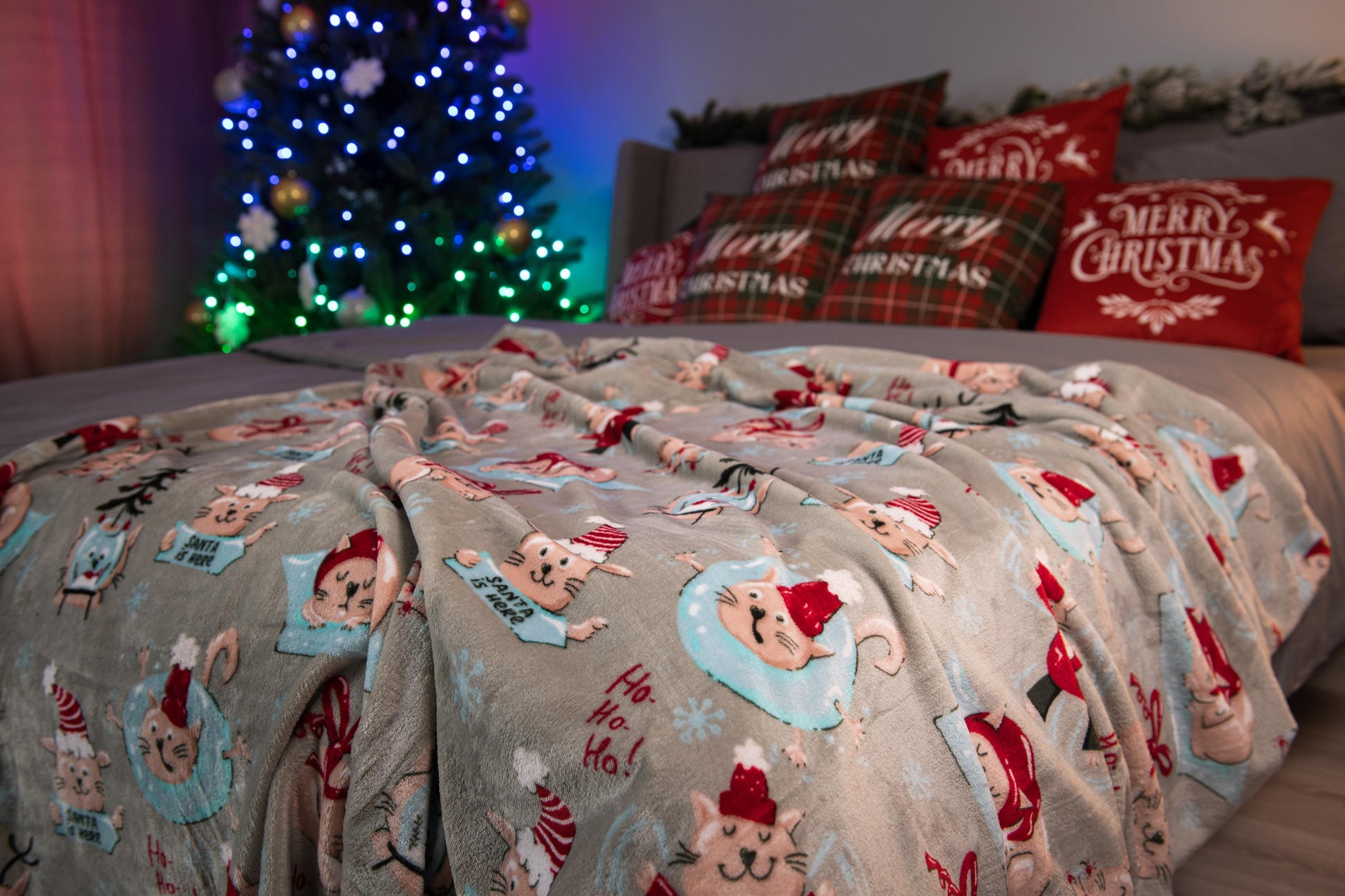 Ardesto Christmas Flannel blanket 160x200cm, 100% polyester, Christmas cats