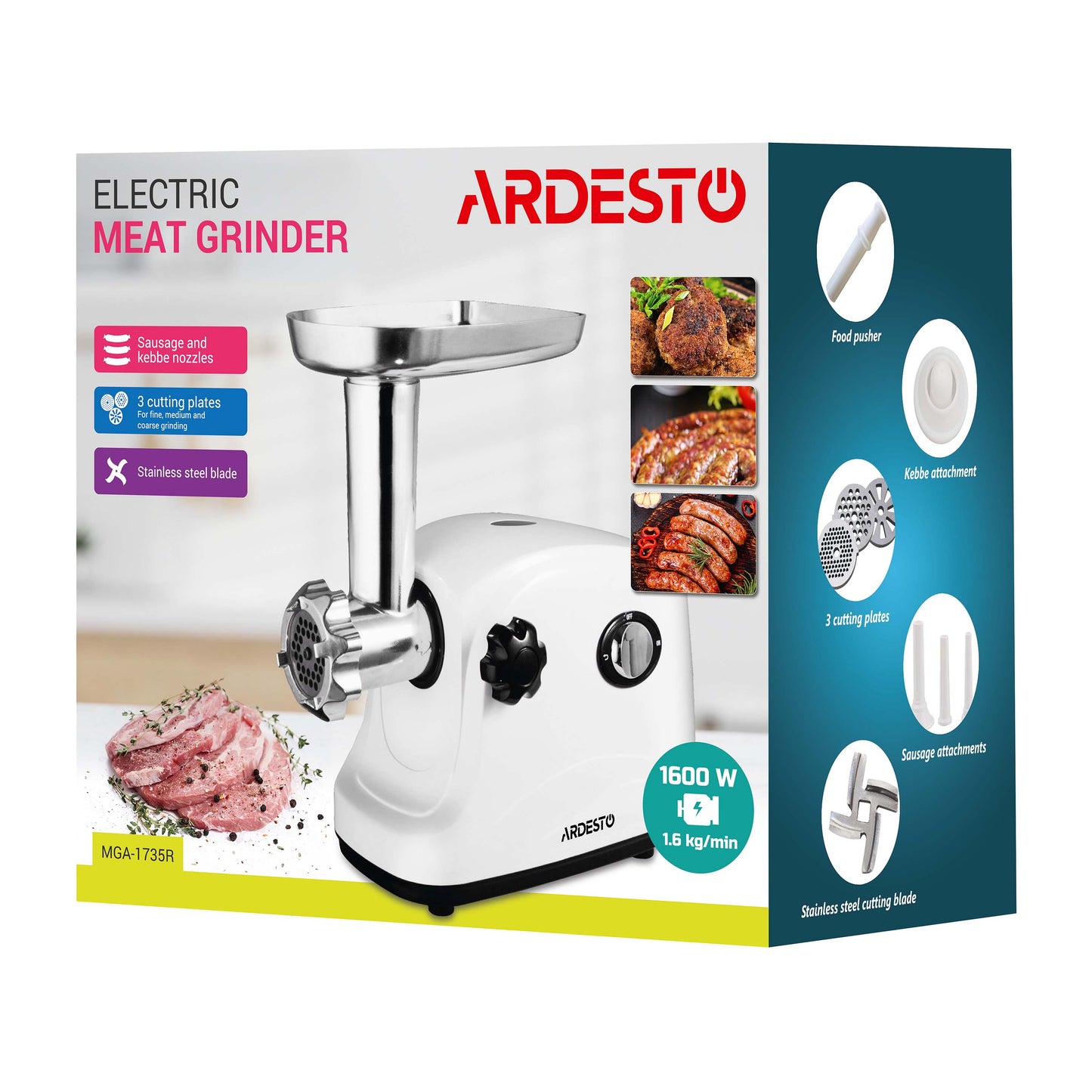 ARDESTO Meat grinder , 1600W, 1.6kg/min, 3 cutting plates, sausages nozzle, plastik, white