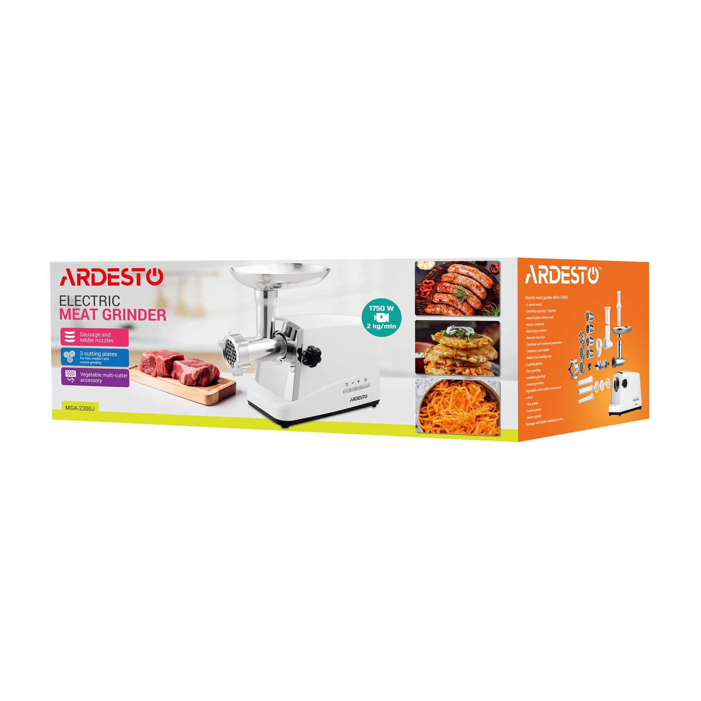 ARDESTO Meat grinder , 1750W, 2kg/min, 3 cutting plates, sausages nozzle, 4 veg.slicer,  plastik, white-silver