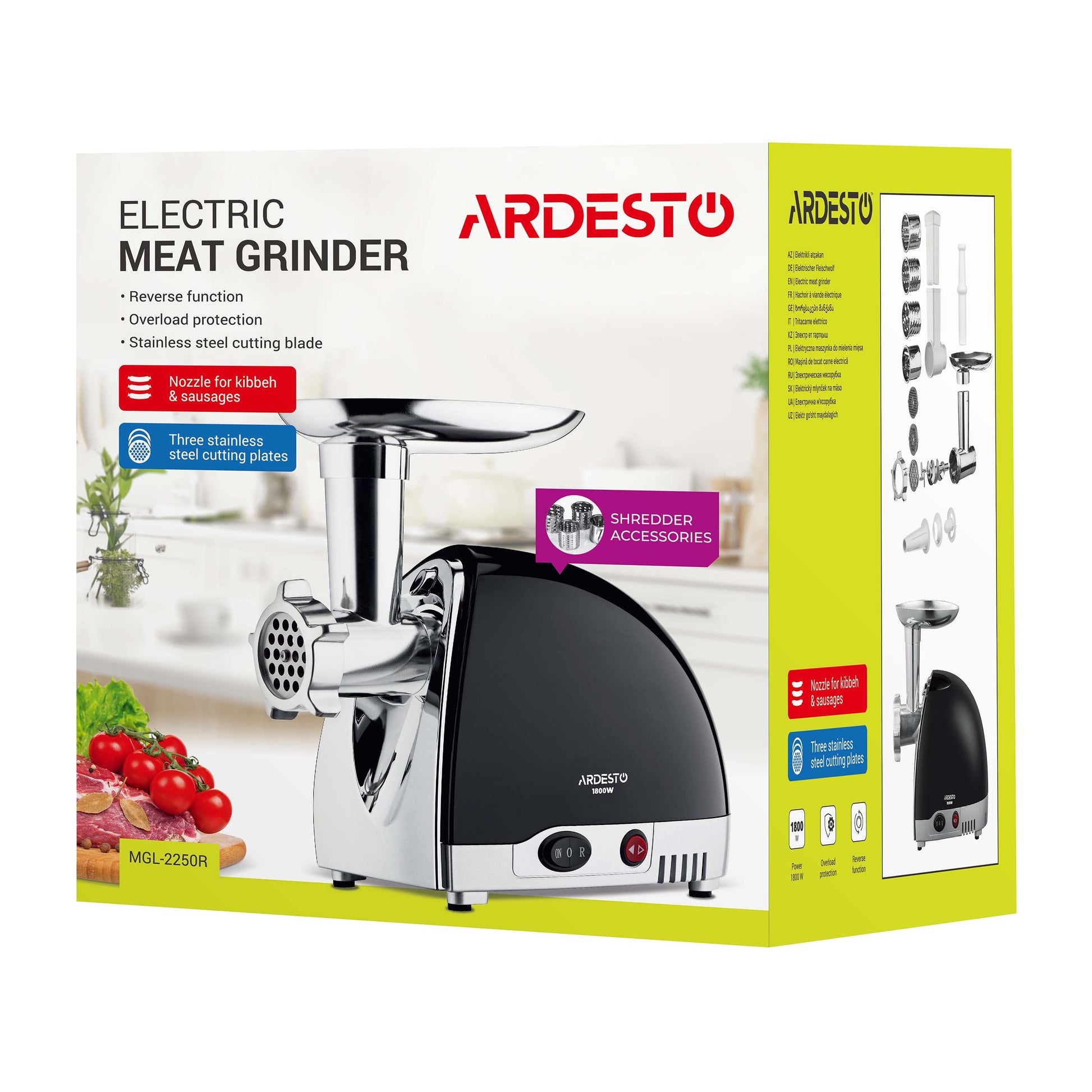Ardesto meat grinder, 1800W, 2kg/min, 3 cutting plates, sausages nozzle, 4 vegetable slicer, plastik, black-silver