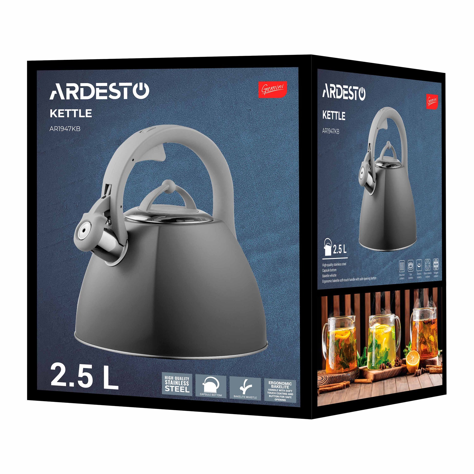 Ardesto Kettle Gemini, 2.5l, stainless steel, grey