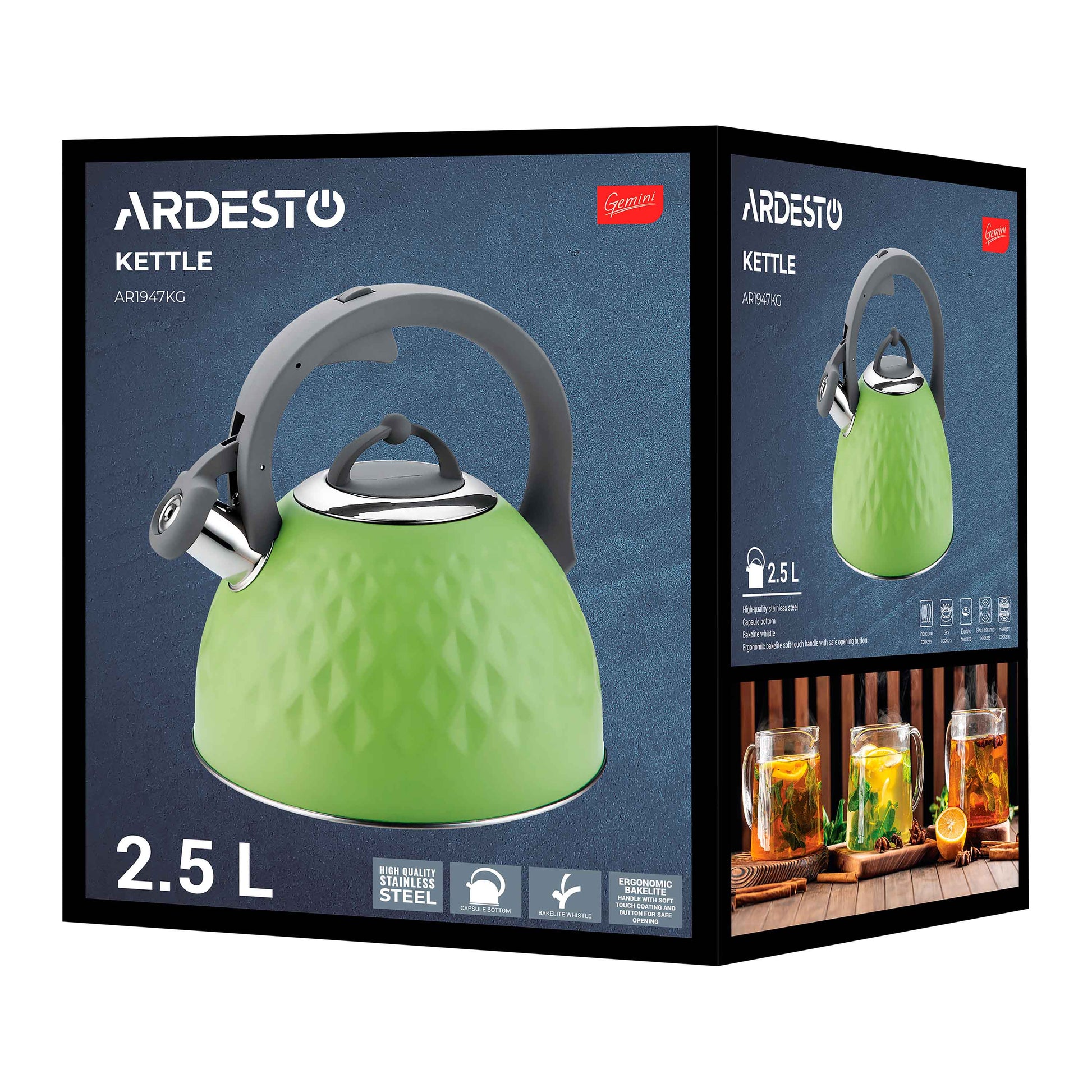 Ardesto Kettle Gemini, 2.5 l, green, stainless steel