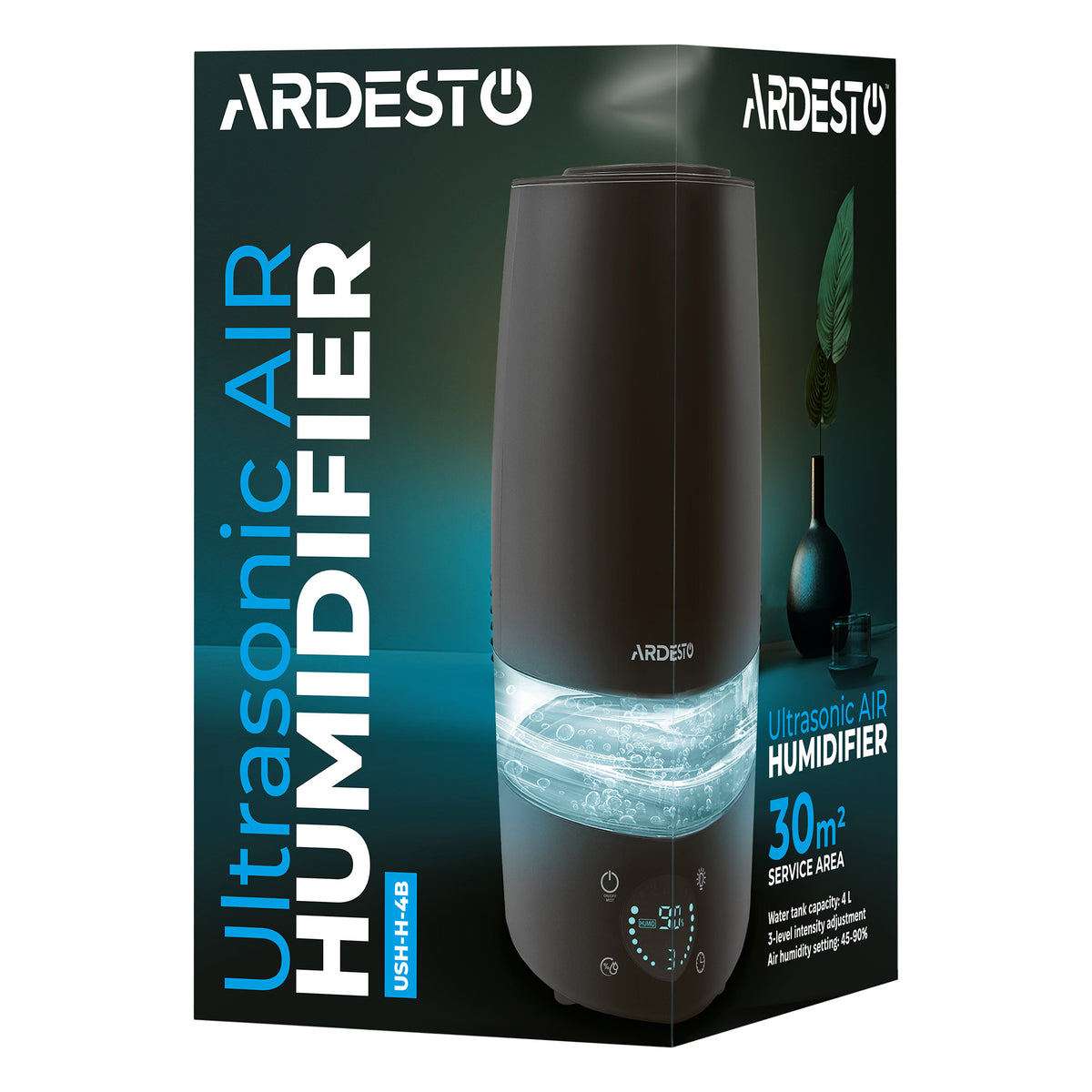 ARDESTO Air humidifier ultrasonic, 30m2, 4l, 280ml/h, electric. control, remote control, top. water inlet, display, black