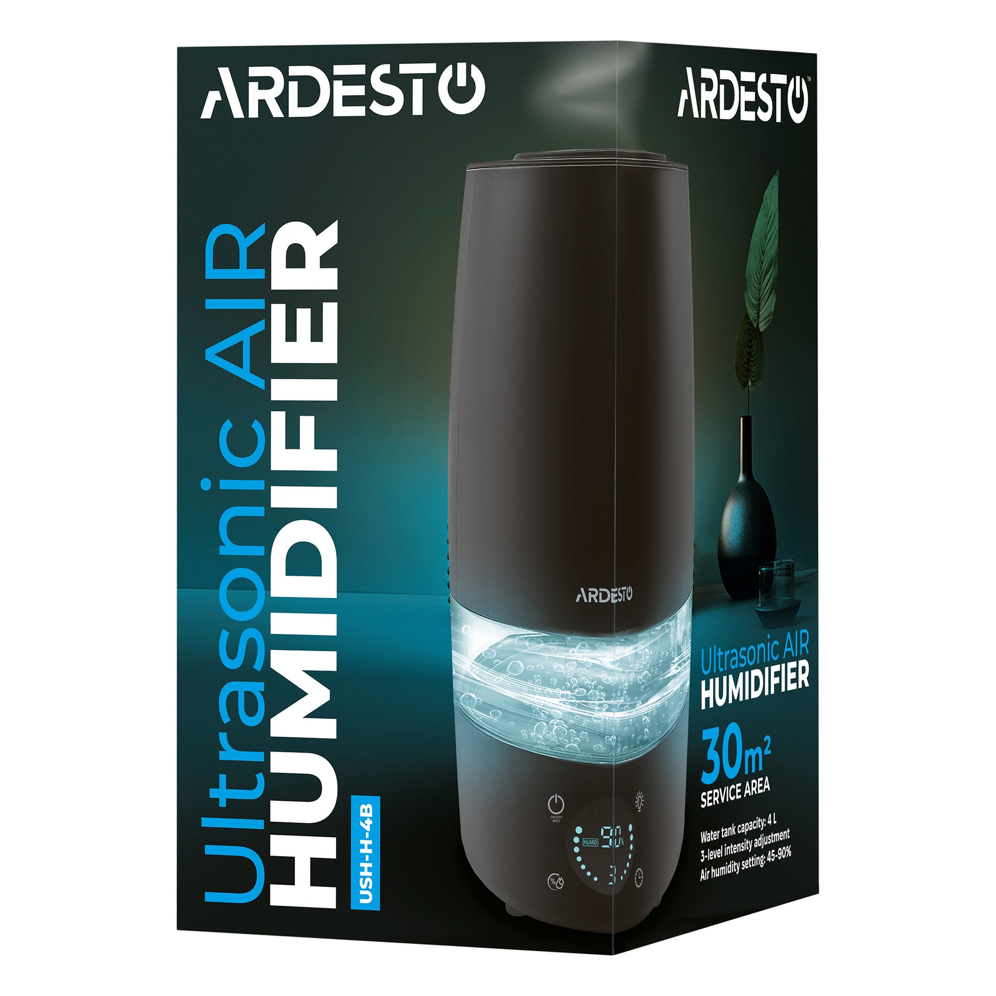 ARDESTO Air humidifier ultrasonic, 30m2, 4l, 280ml/h, electric. control, remote control, top. water inlet, display, black