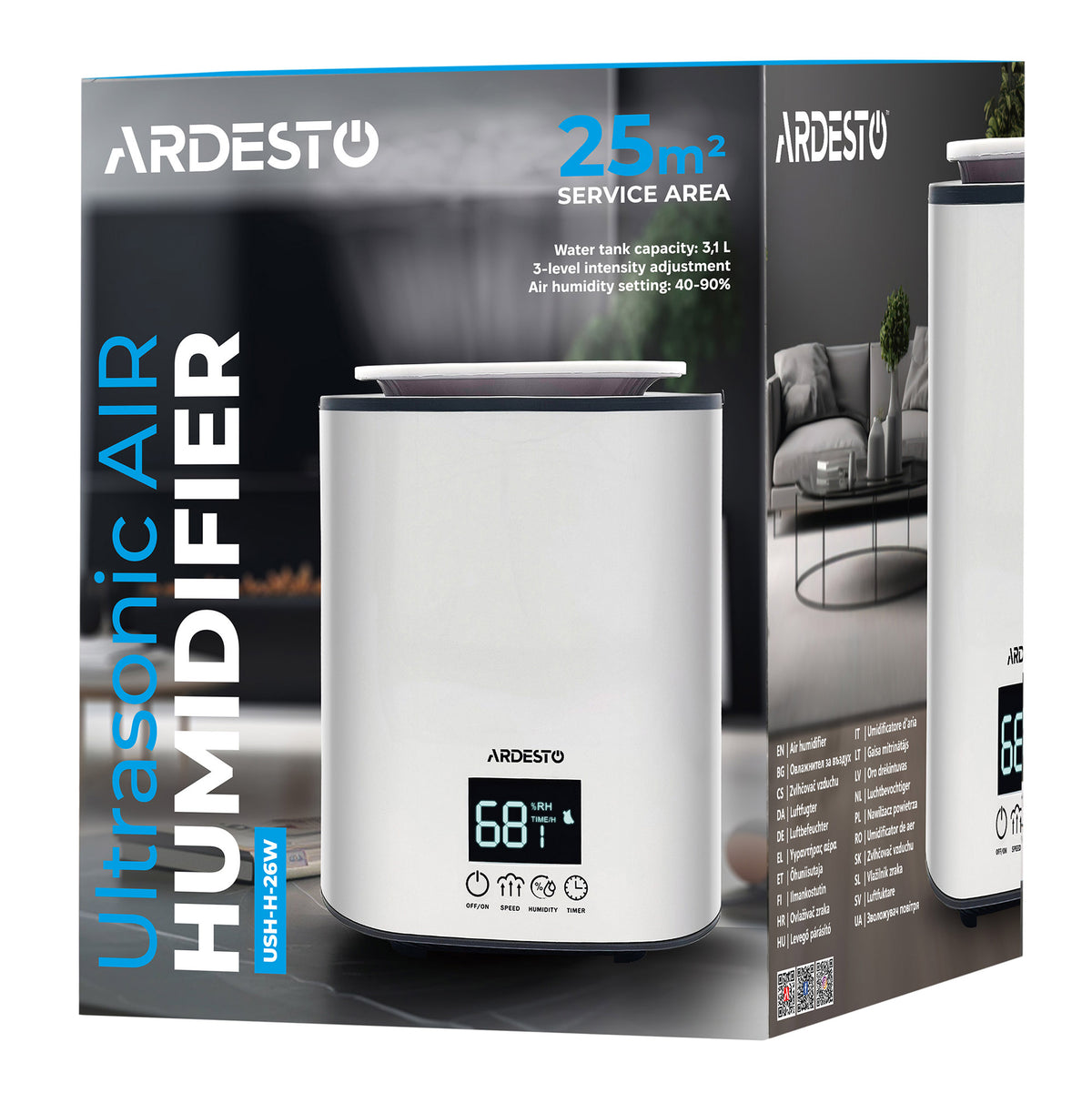 ARDESTO Air humidifier ultrasonic, 25m2, 3.1l, 250ml/h, electric. steering, upper water bay, display, white