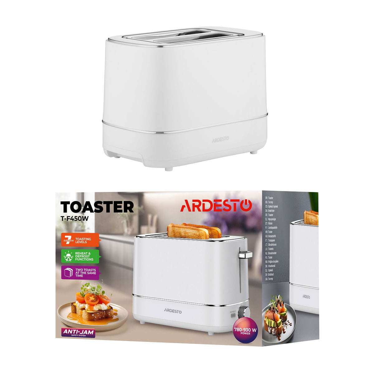 Ardesto toaster Timeless Elegance, 800W, plastic, 2 slots, white