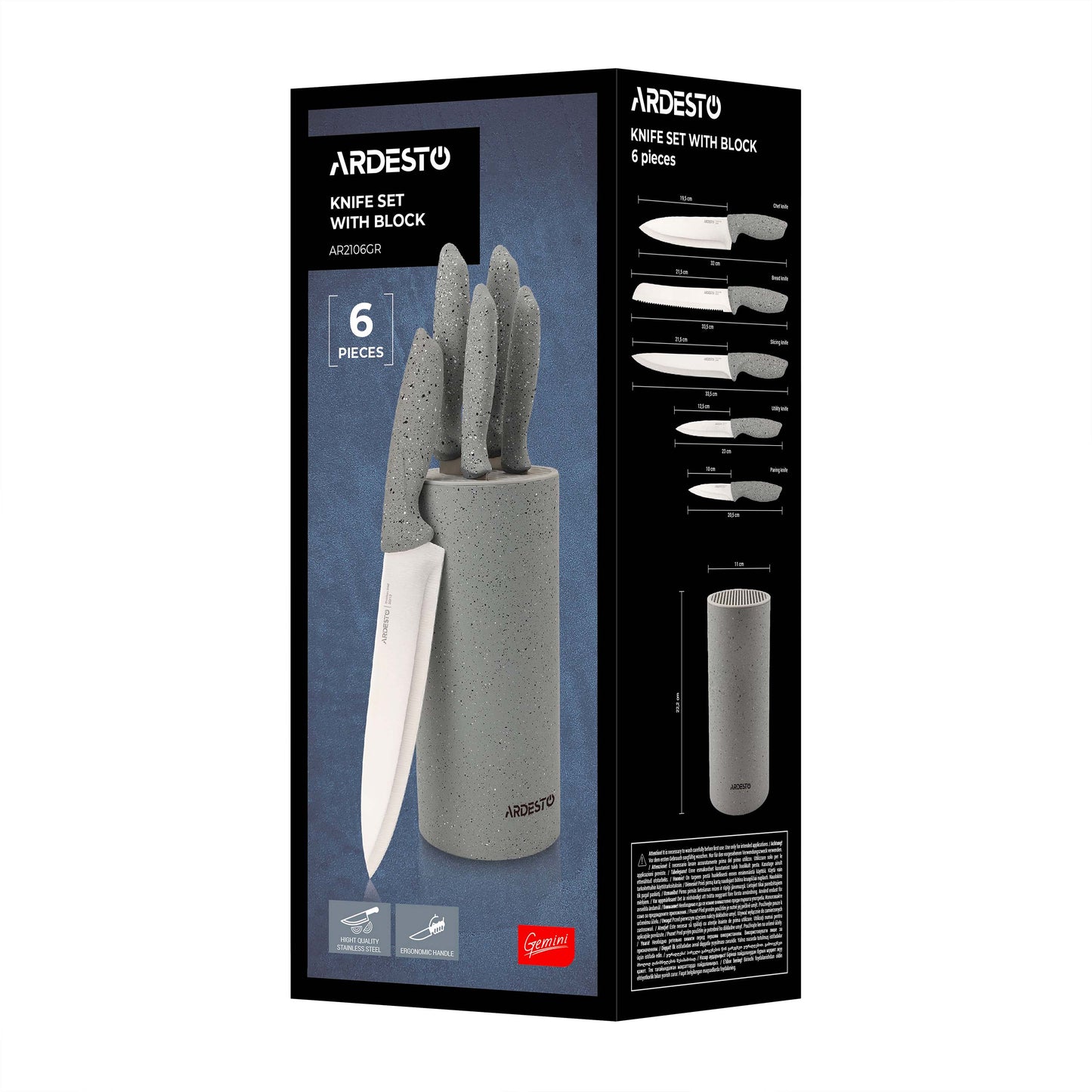 Knives set with block ARDESTO Gemini, 6pcs, stainless steel, plastic, grey 767637177955