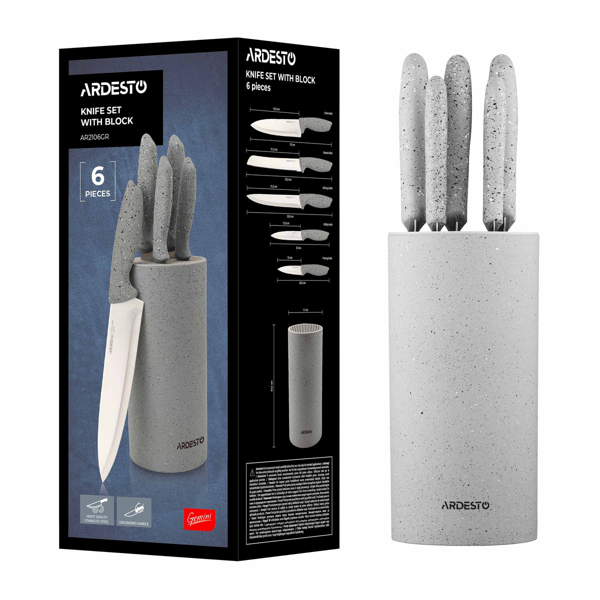 Knives set with block ARDESTO Gemini, 6pcs, stainless steel, plastic, grey 767637177955