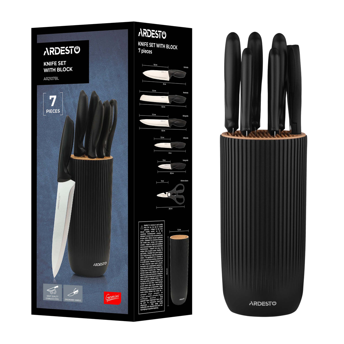 Knives set with block ARDESTO Gemini, 7pcs, stainless steel, plastic, black 767637177948