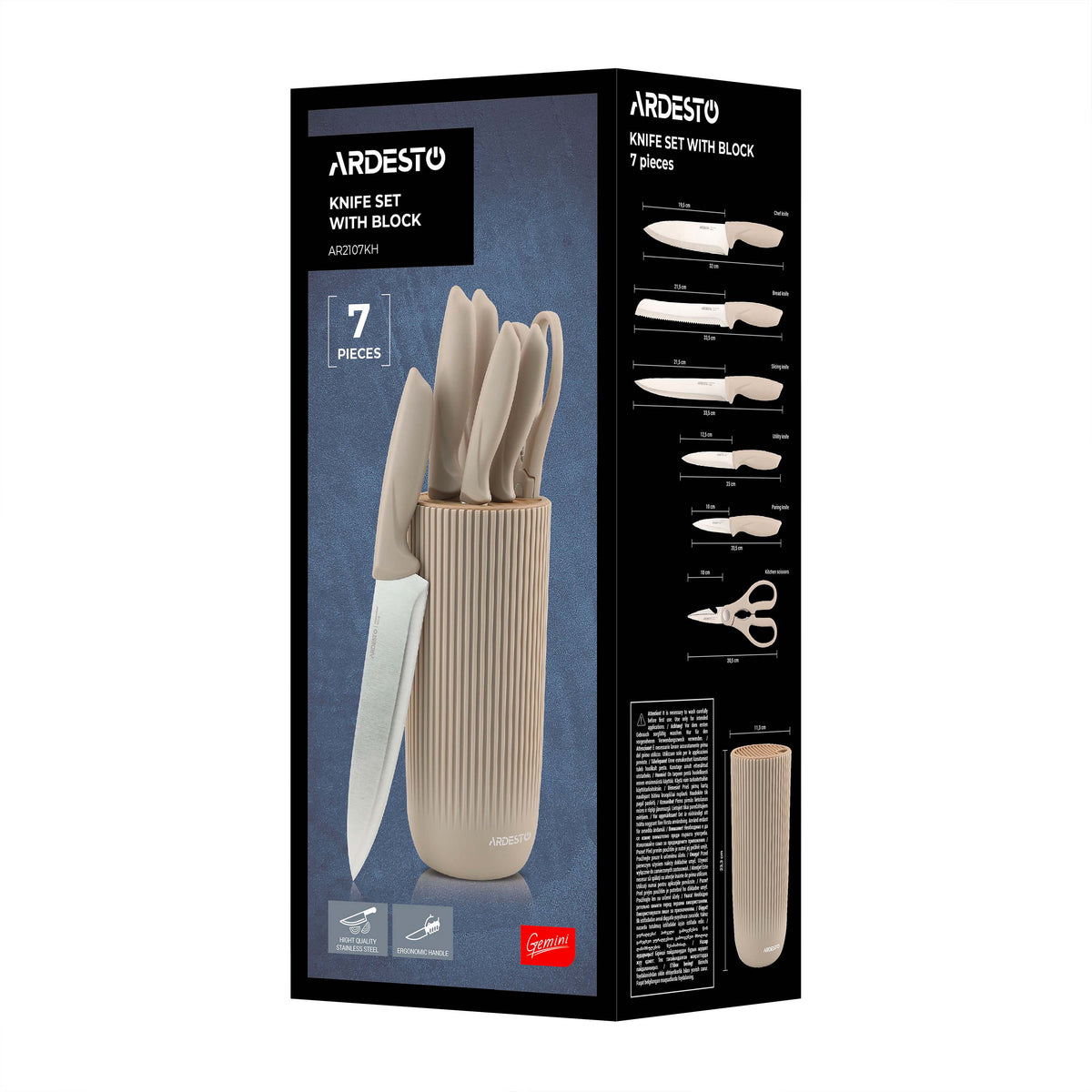 Ardesto Knives Set with block Gemini, 7pcs, stainless steel, plastic, beige