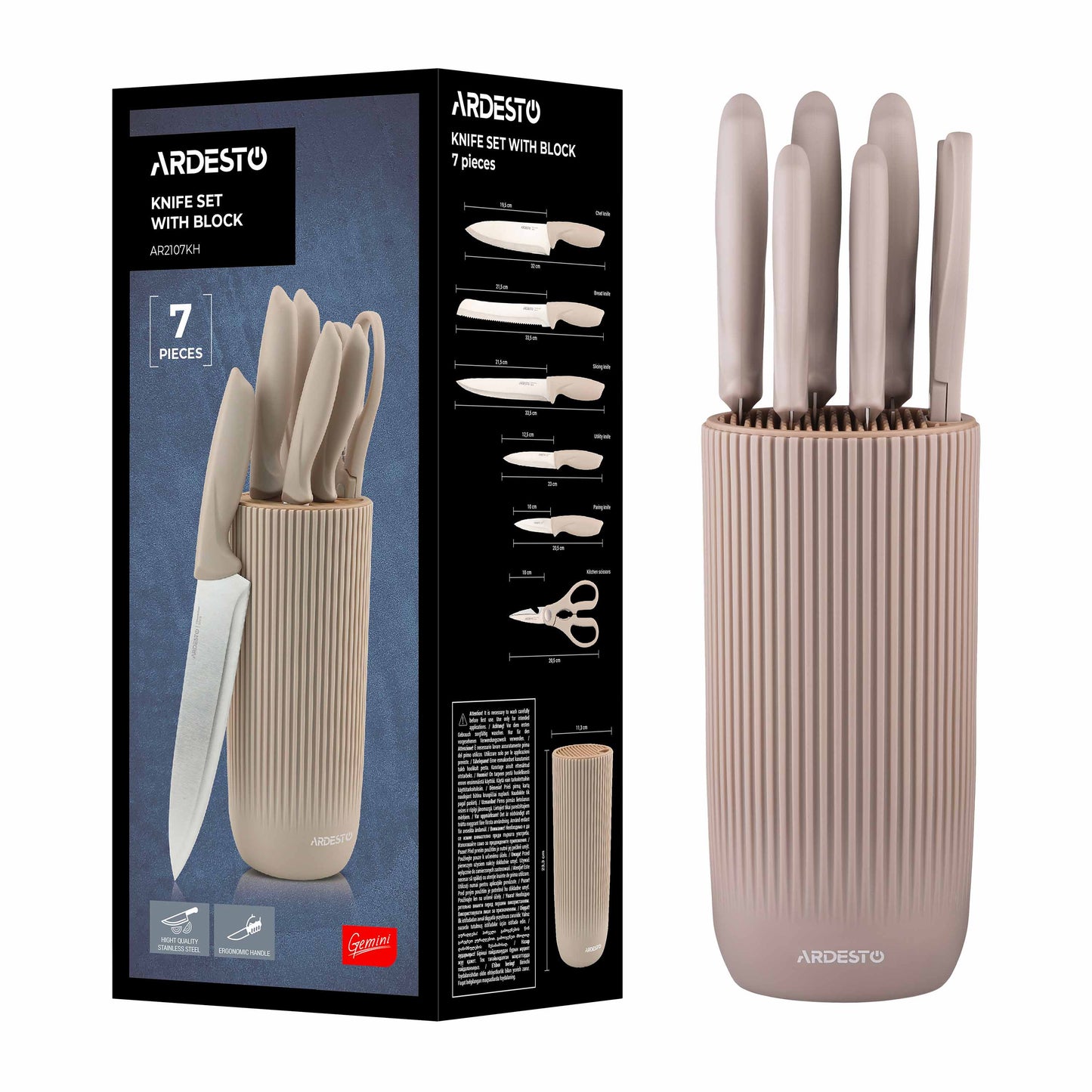Ardesto Knives Set with block Gemini, 7pcs, stainless steel, plastic, beige