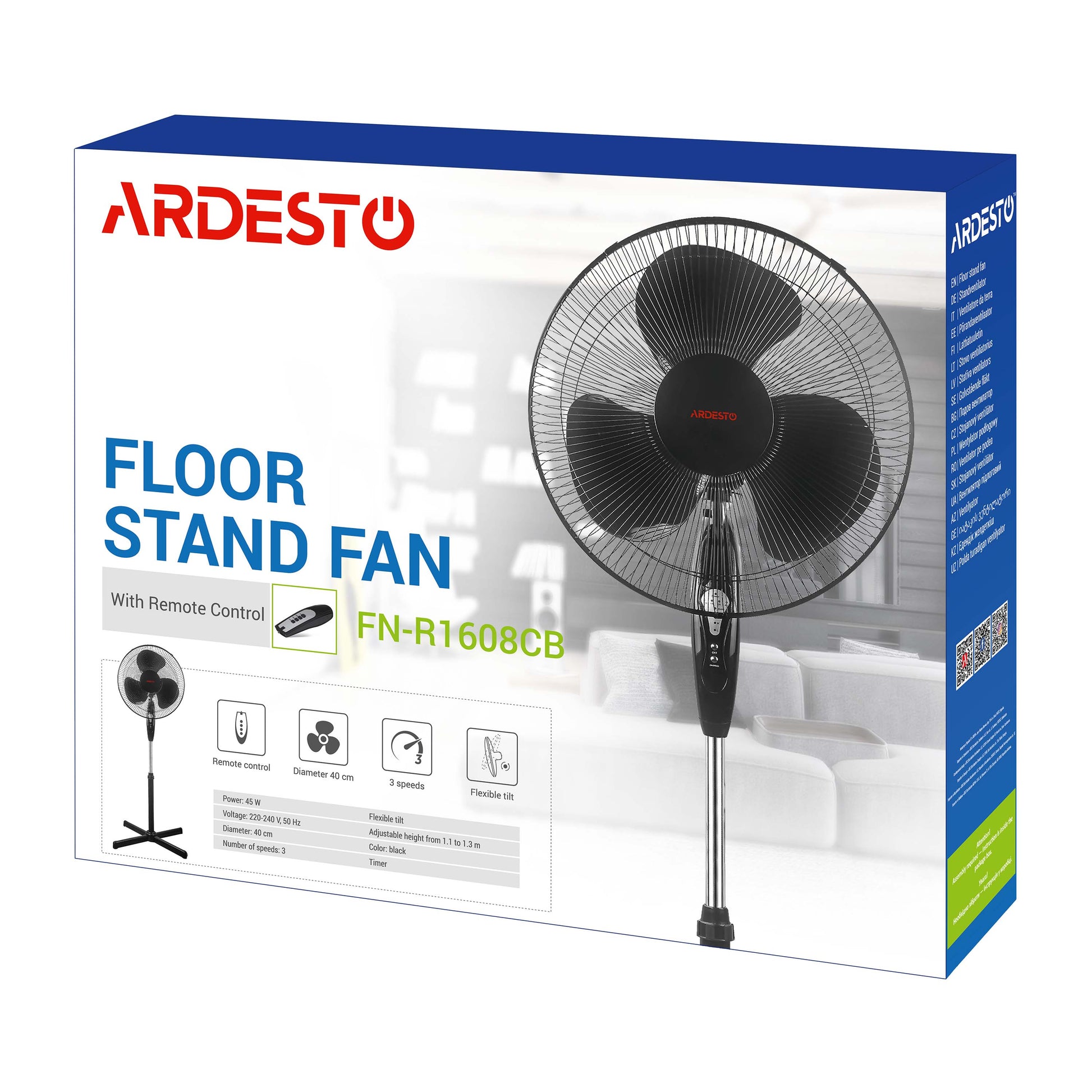 Floor fan ARDESTO, 40см, 45Вт, remote control, black