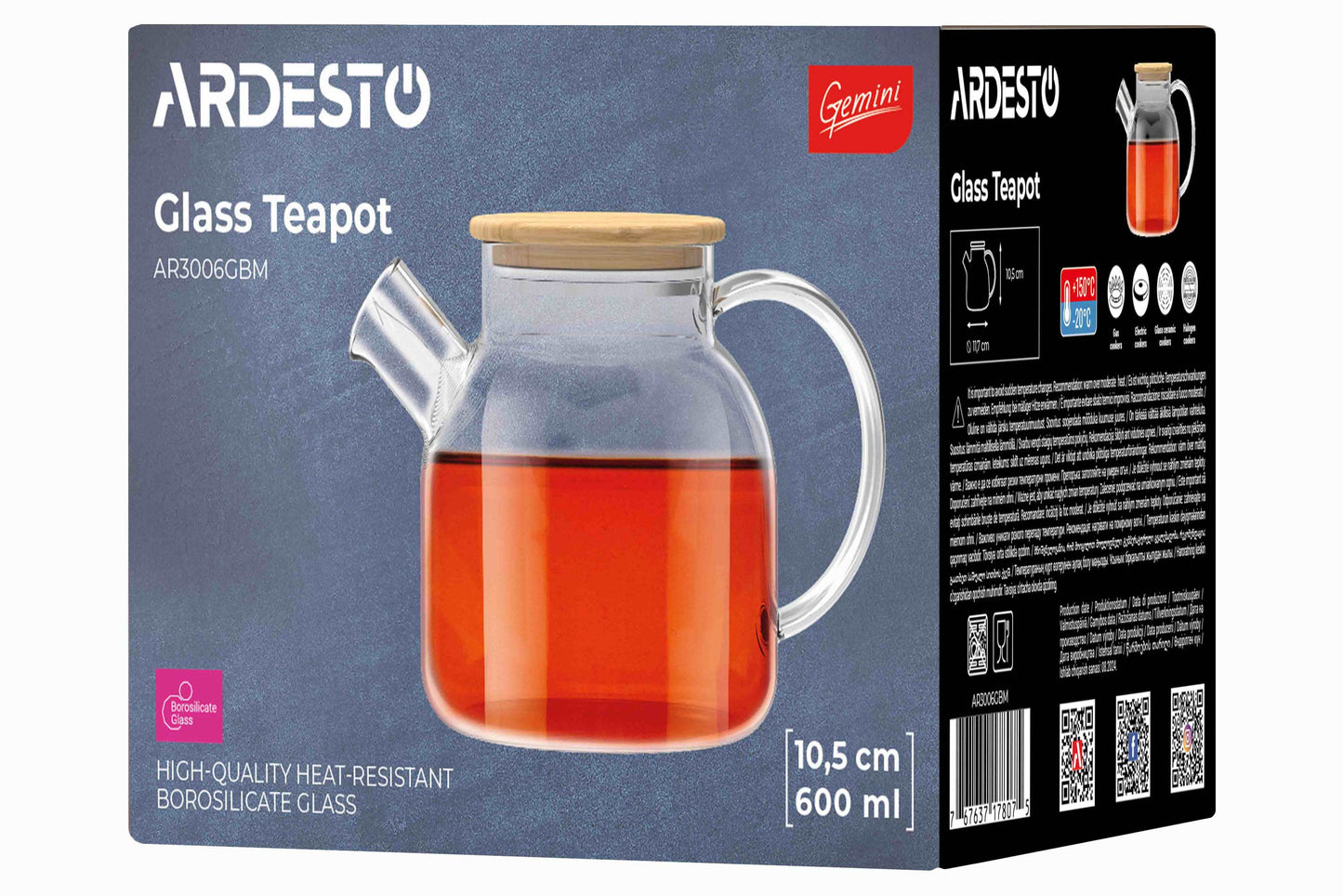 Ardesto Teapot Gemini 600ml, borosilicate glass, bamboo, transparent