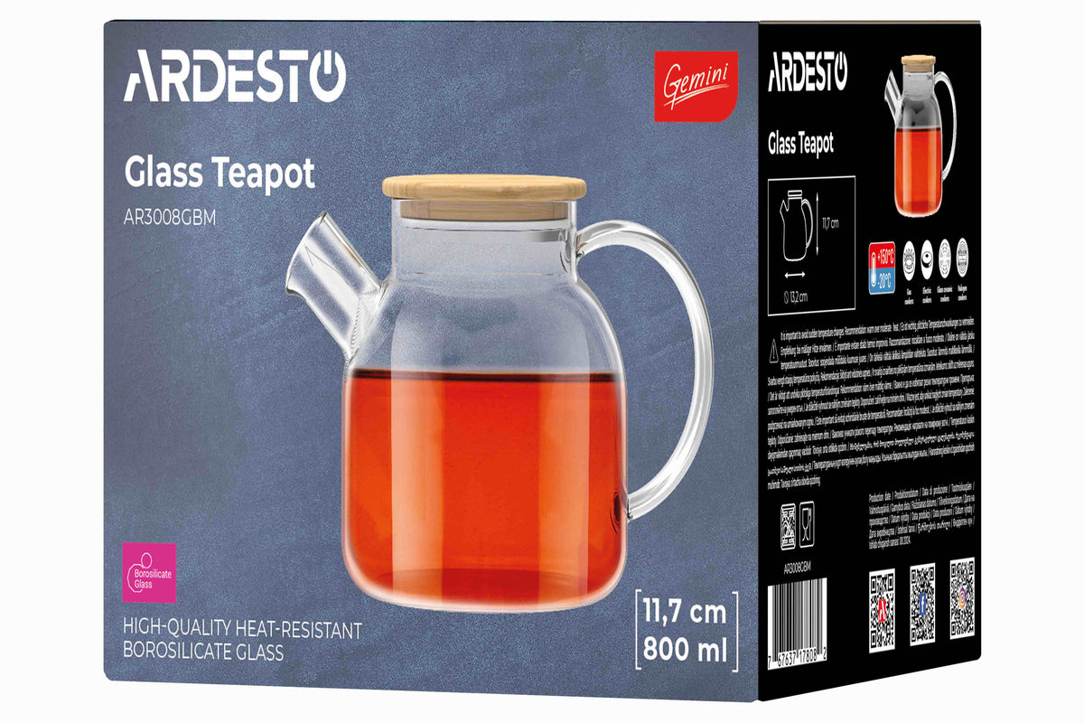 Ardesto Teapot Gemini 800ml, borosilicate glass, bamboo, transparent