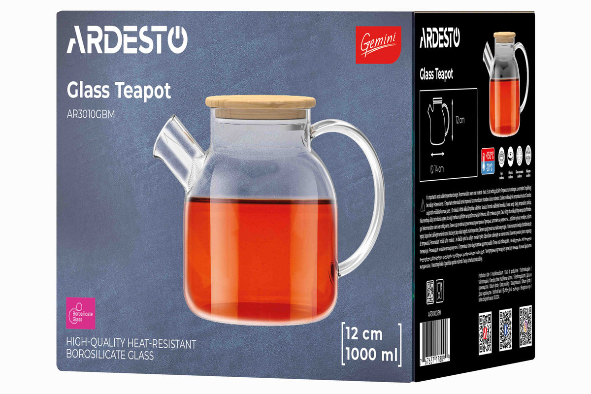Ardesto Teapot Gemini 1000ml, borosilicate glass, bamboo, transparent