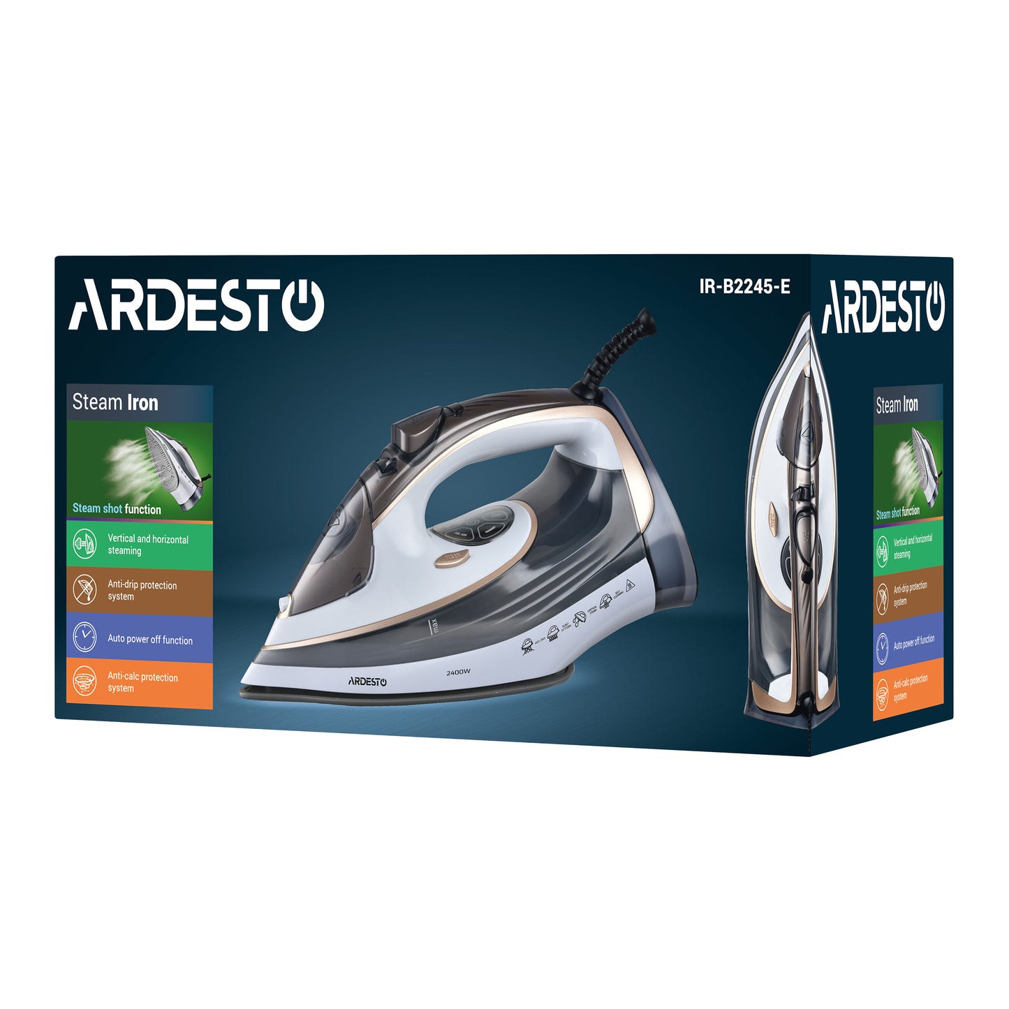 Ardesto Iron IR-B2245-E, 2400W, 400ml, steam boost, electric management, ceramic soleplate, white-grey