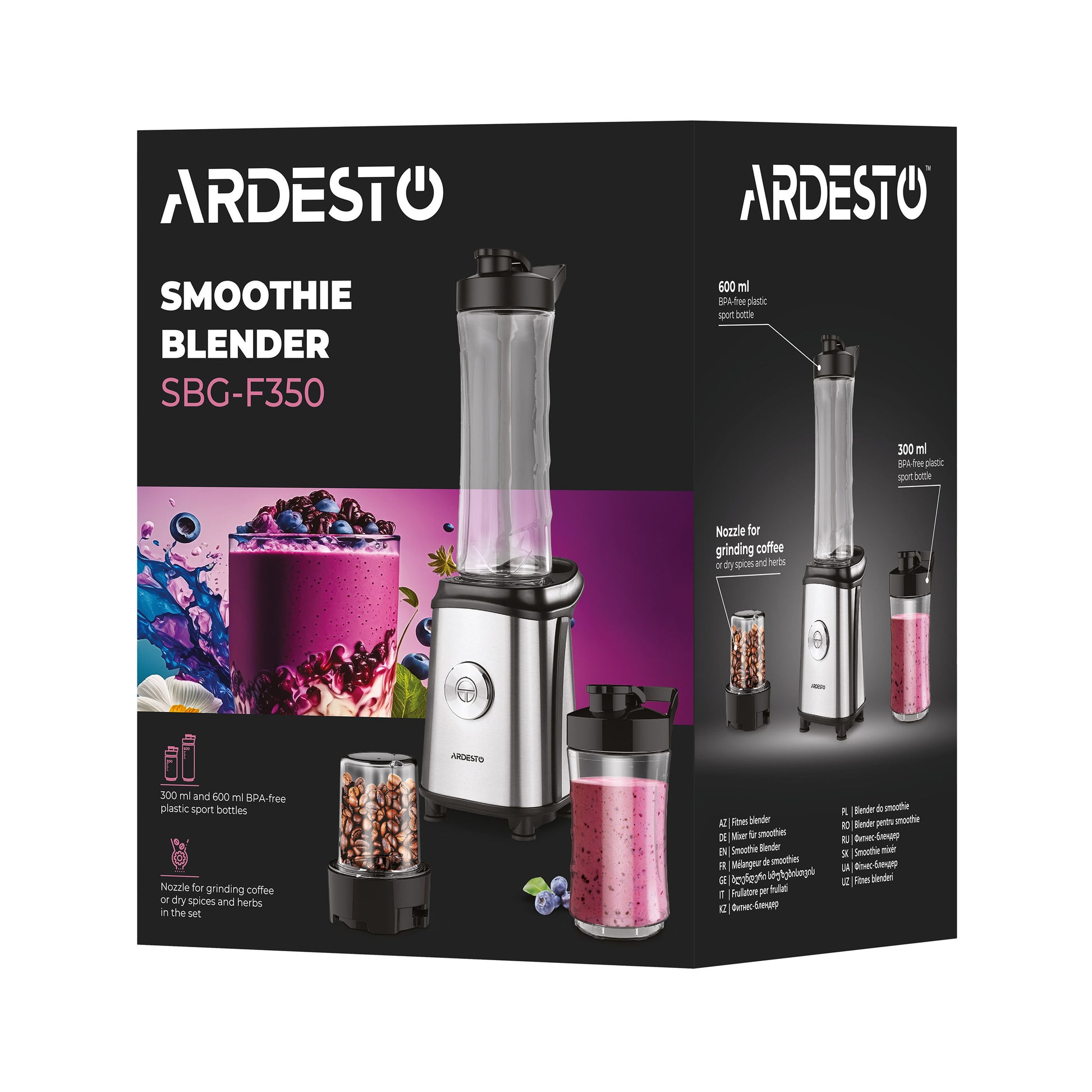 Ardesto Blender for smoothies BG-F350, 350W, 2in1, bottle-600ml, bottle-300ml, coffee grinder, black+silver