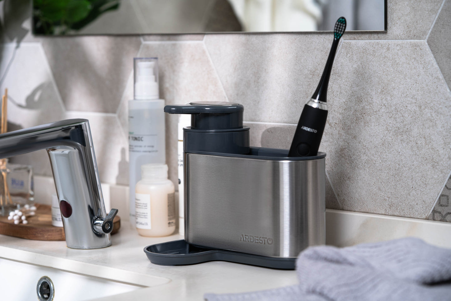Ardesto Detergent organizer Minimalism, 8x12.7x16cm, plastic, stainless steel, grey
