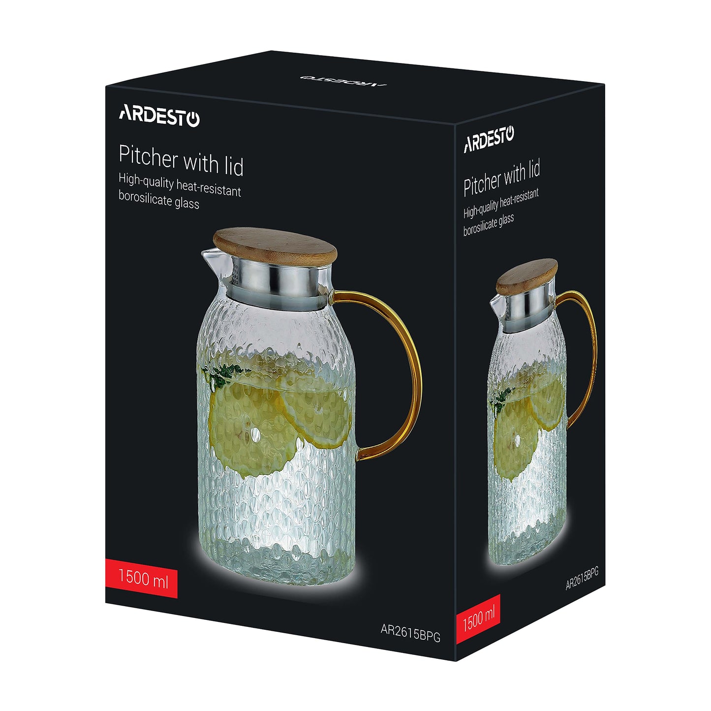 Ardesto Pitcher with lid Dew 1500ml, borosilicate glass, stainless steel, bamboo, transparent