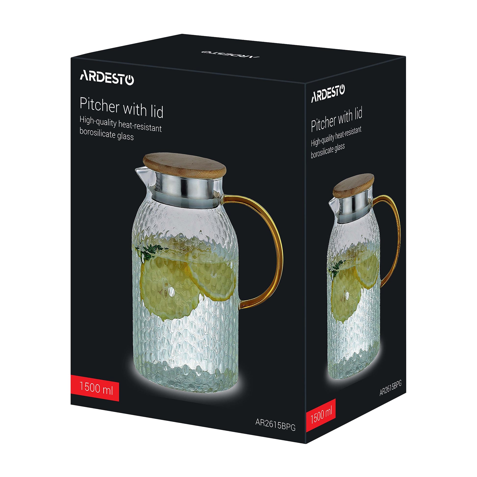 Ardesto Pitcher with lid Dew 1500ml, borosilicate glass, stainless steel, bamboo, transparent