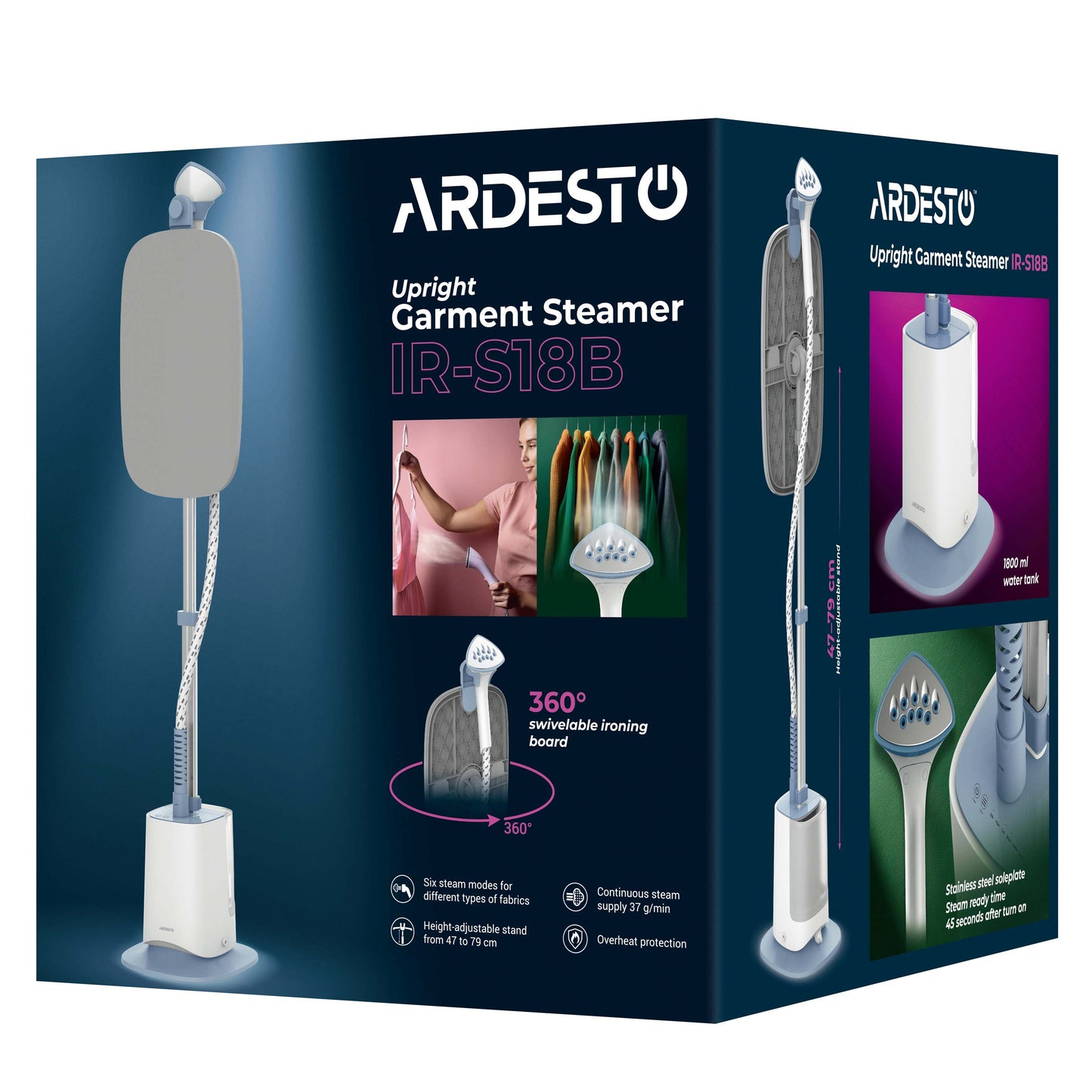 Ardesto steamer vertical IR-S18B, 1800W, 1800ml, board, inox soleplate, white+gray