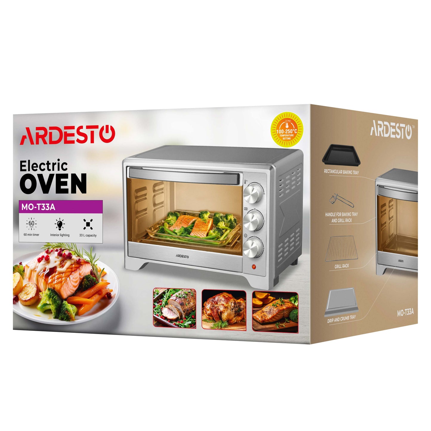 ARDESTO Electric oven, 33L, 1627W, mech., convection, grey