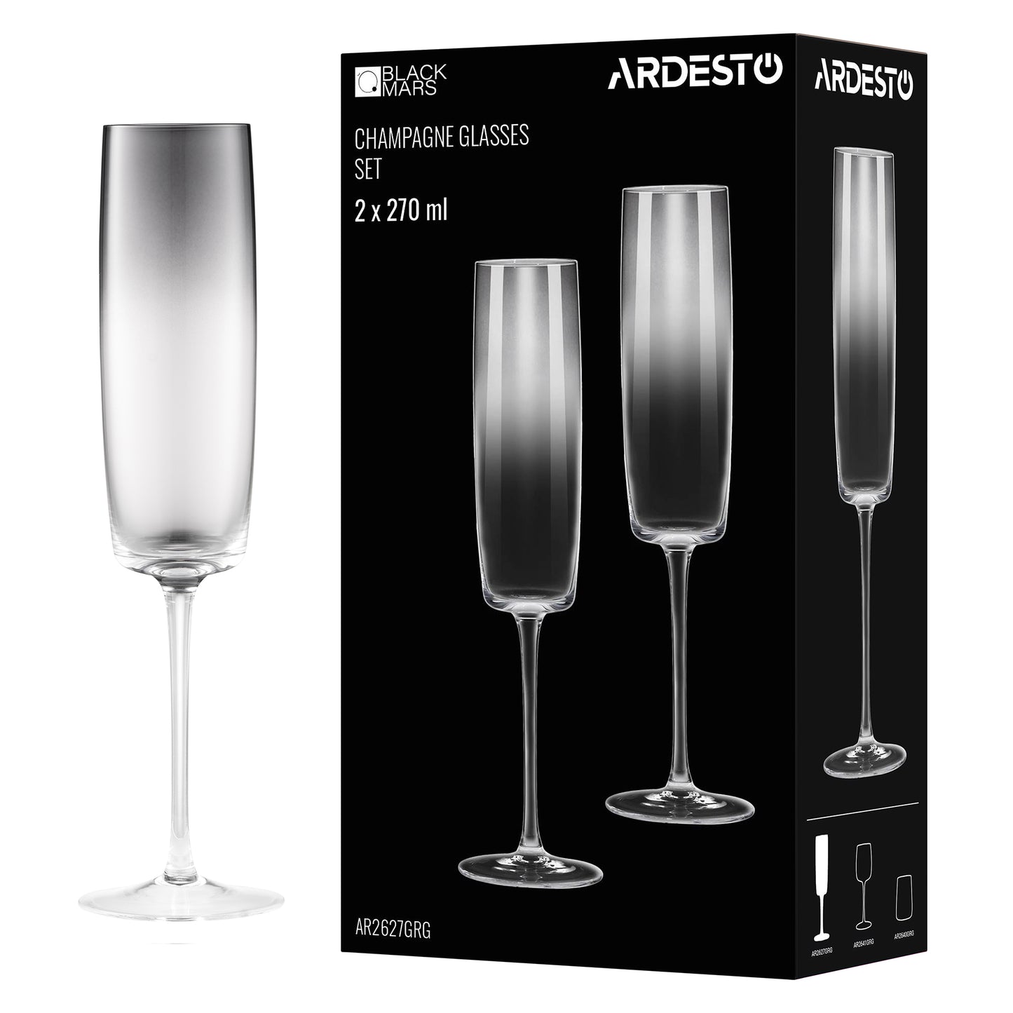 Ardesto Champagne glasses set Black Mars Avior 270ml, 2pcs, glass, grey-transparent
