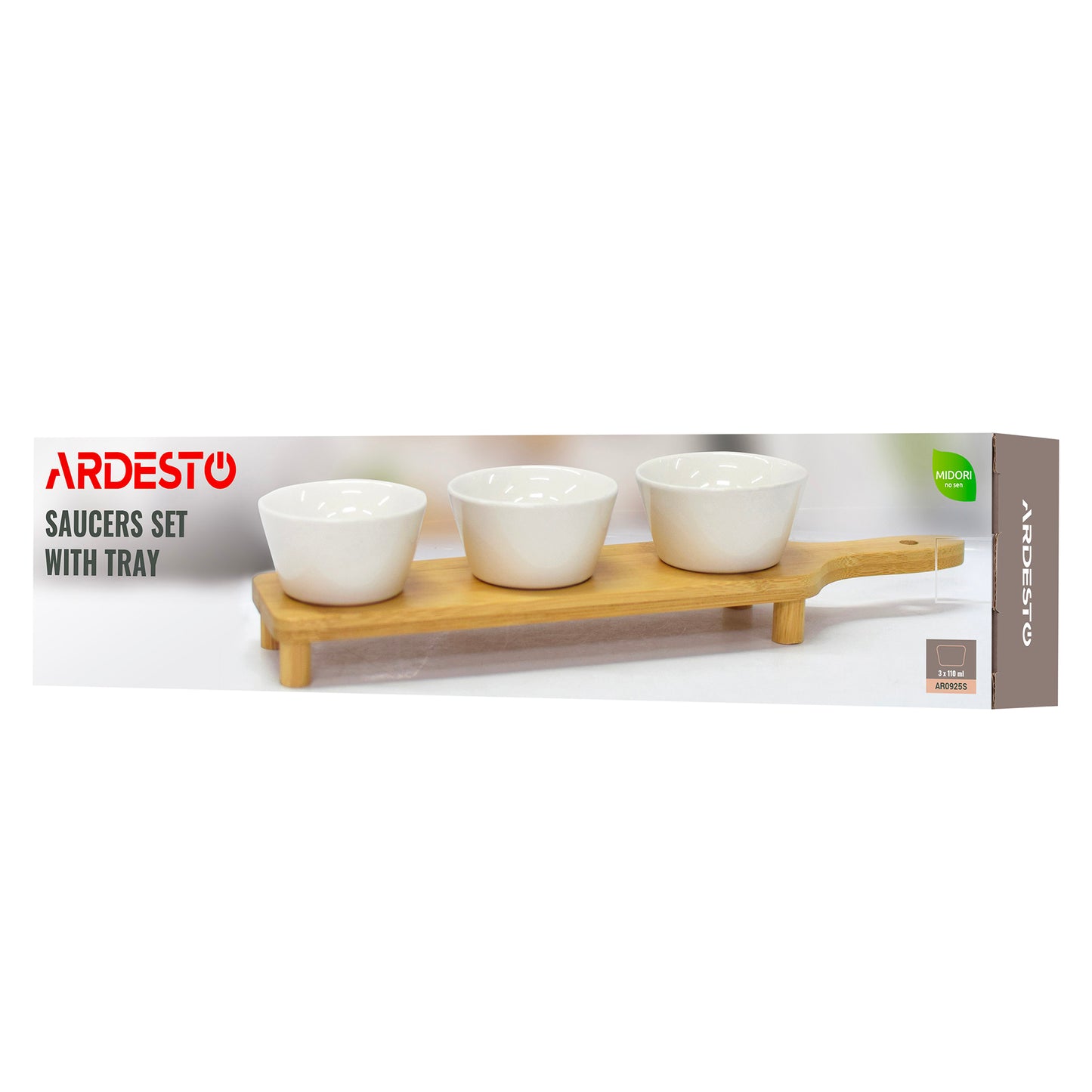 ARDESTO Saucer set with tray Midori, 3pcs, 110ml, new bone china, bamboo
