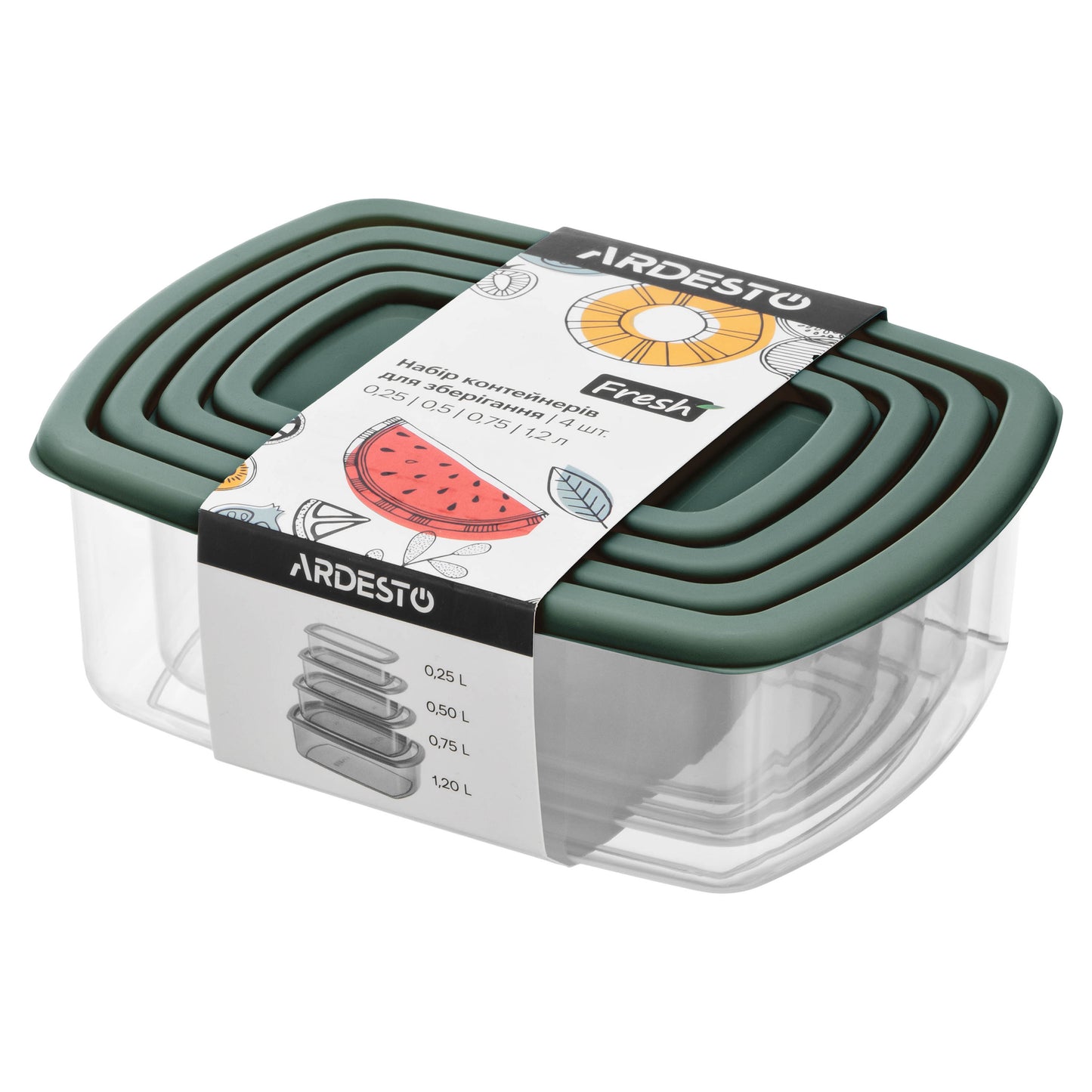 ARDESTO Set of food storage containers Fresh 0.25/0.5/0.75/1.2l, plastic, rectangular, green