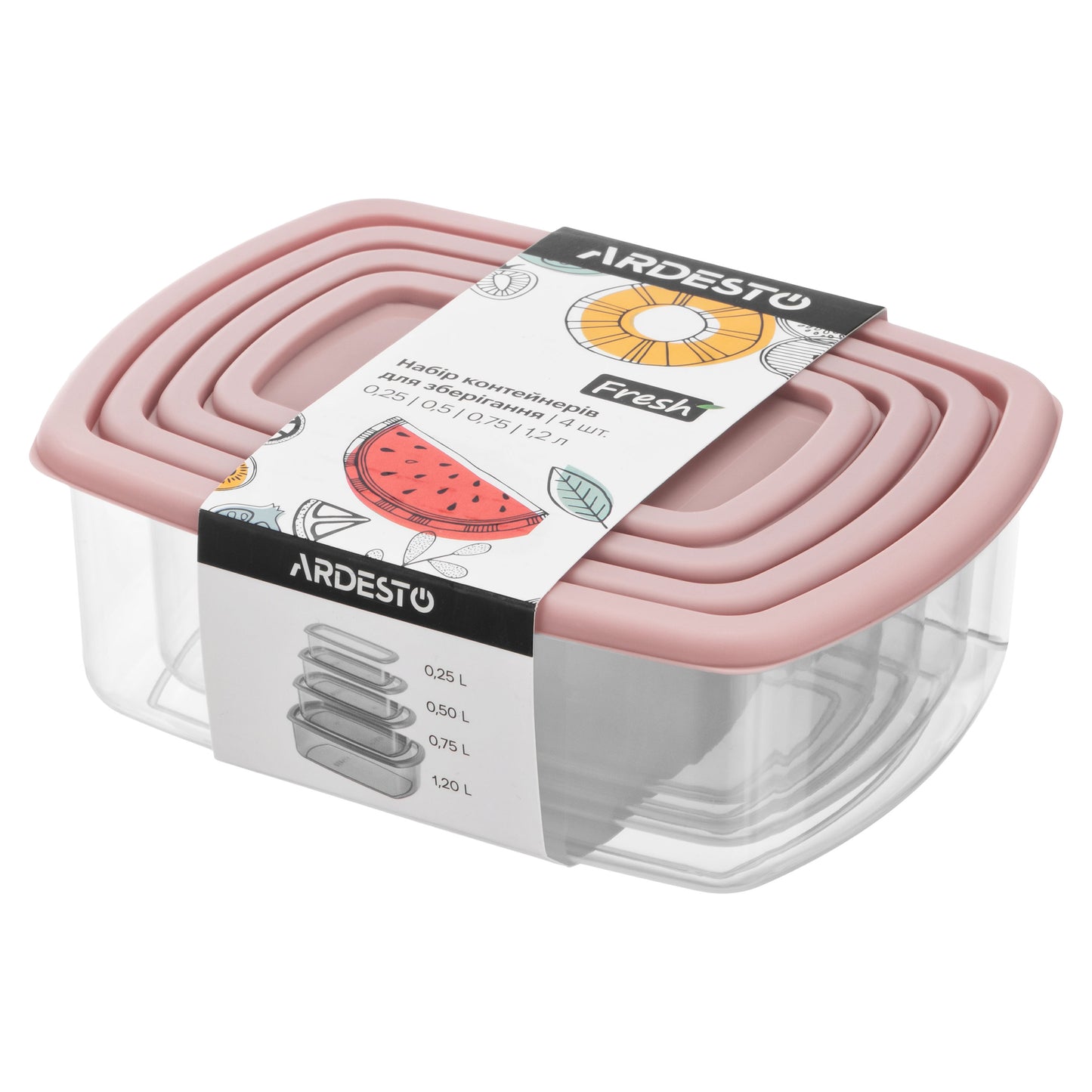 ARDESTO Set of food storage containers Fresh 0.25/0.5/0.75/1.2l, plastic, rectangular, pink