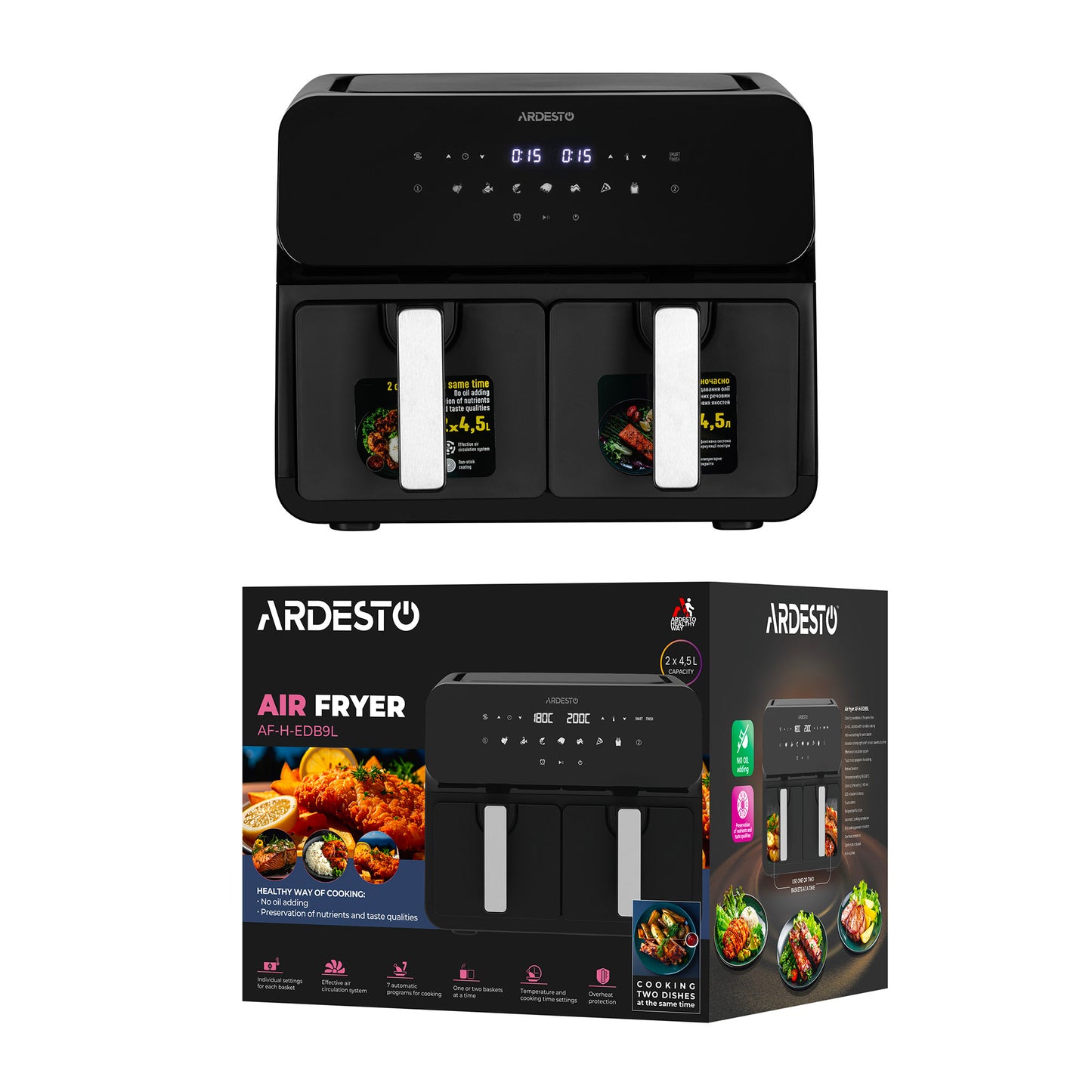 ARDESTO Air fryer 1700W, bowl-2*4.5L, touch control, 7 auto programs, plastic, black
