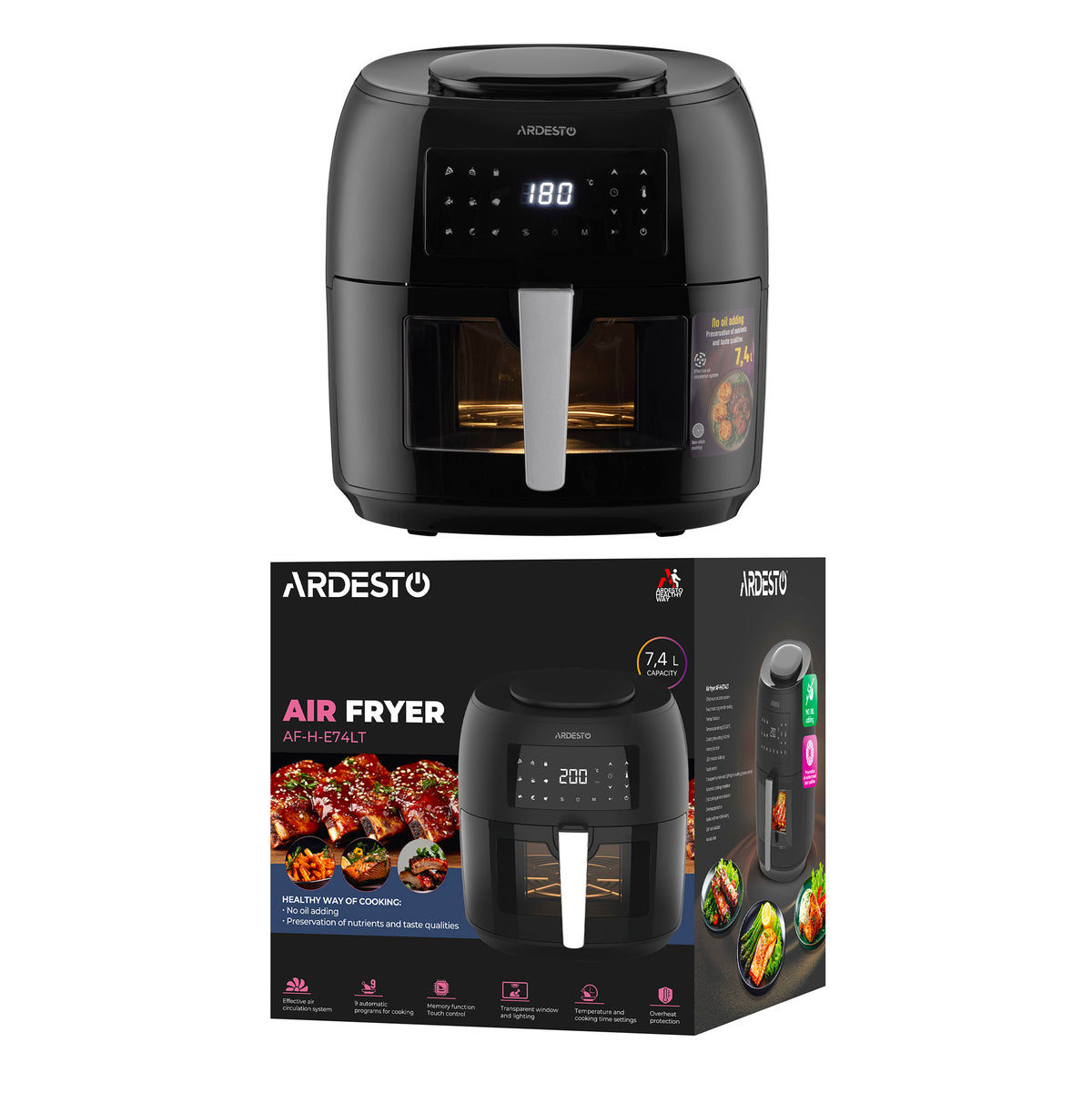 ARDESTO Air fryer 1800W, bowl-7.4L, touch control, 9 auto programs, plastic, black