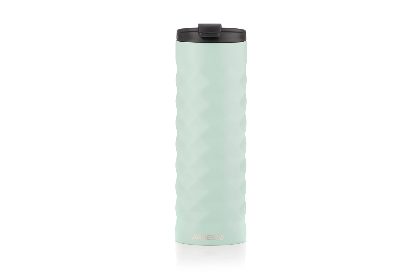 Mint green toothbrush with black bristles on a white background