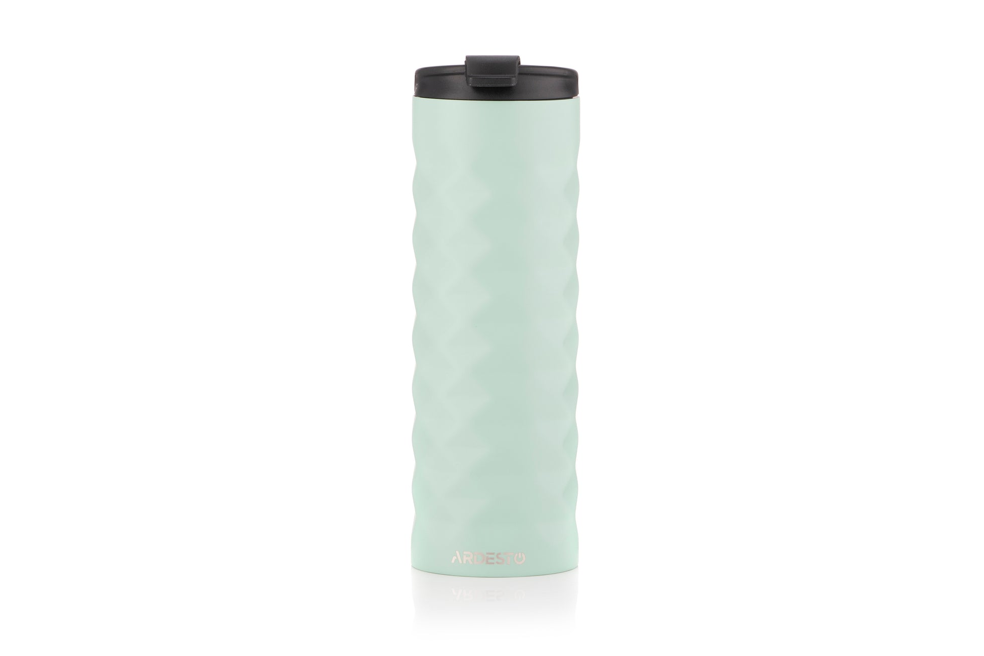 Mint green toothbrush with black bristles on a white background